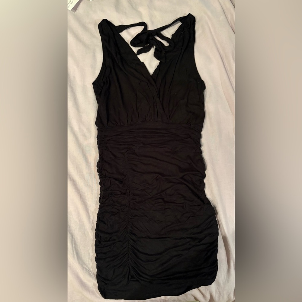 Elegant Black Ruched Mini Dress, Size L